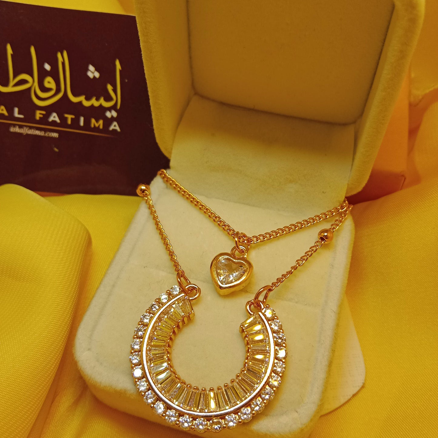 Ishal Fatima Beautiful Gold Plated Double Chain Red & White Shiny Crystals Necklace