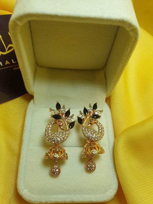 Ishal Fatima Black And White Zircon Peacock Golden Earings