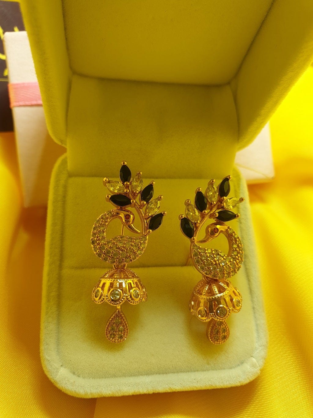 Ishal Fatima Black And White Zircon Peacock Golden Earings