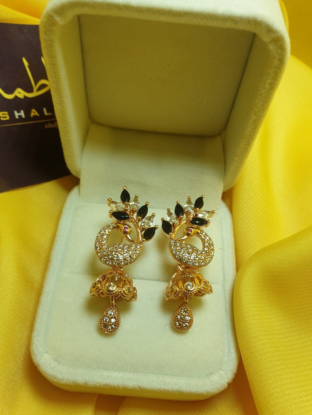 Ishal Fatima Black And White Zircon Peacock Golden Earings