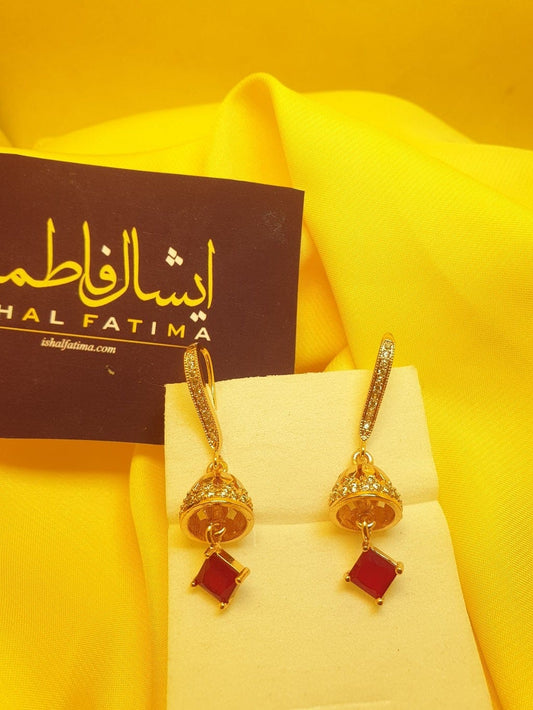Ishal Fatima Elegant Maroon Stone Golden Earings