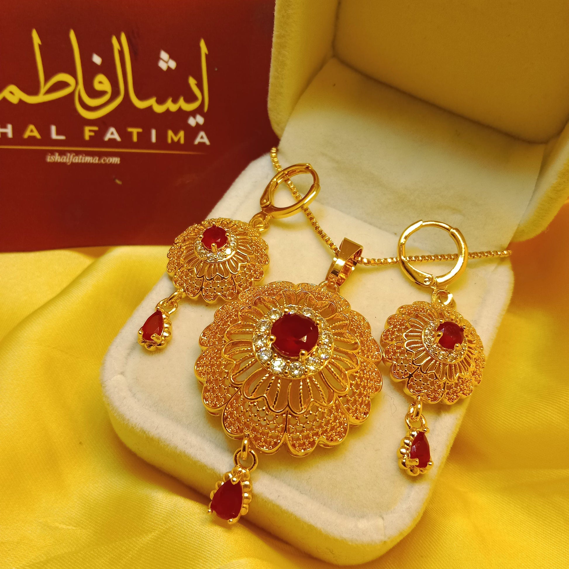 Ishal Fatima Red stone ANTIQUE GOLD PLATED DICS NECKLACE SET